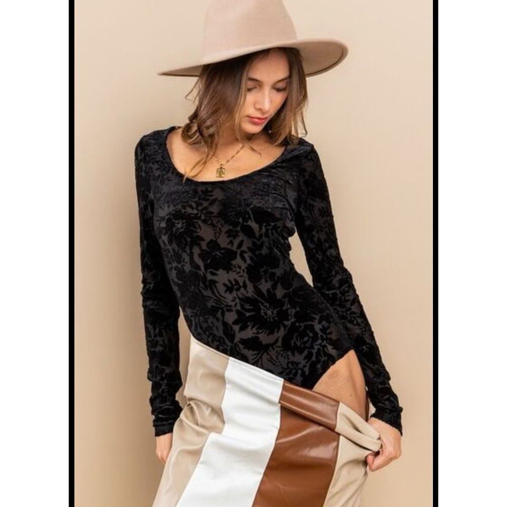 Ces Femme Free People Floral Burnout Velvet Bodysuit Black Sz S Goth WhimsyGoth